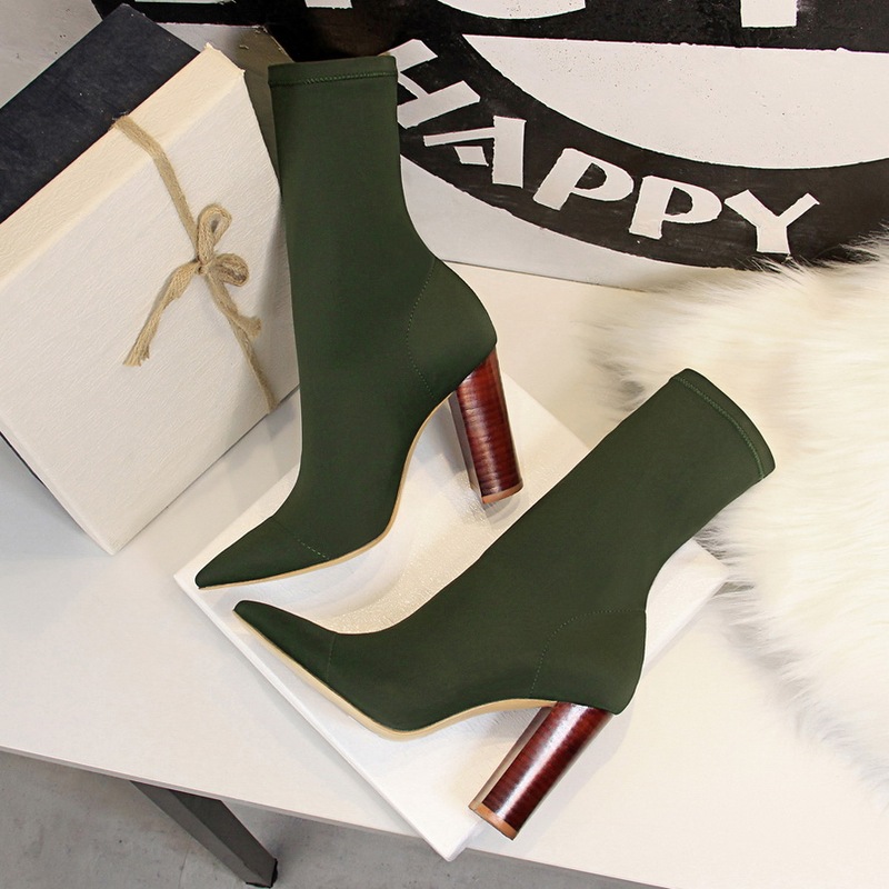 2022 New Slim Boots Elastic Boots Women's Mid-Calf Autumn and Winter Single Boots Pointed Toe Thick Heel High Heel Short Boots Large Size Sock Boots