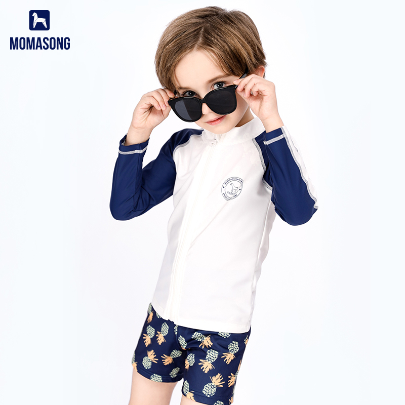 Children's swimsuit boys' students split long sleeves beach sunscreen quick-drying swimsuits in the big kids swim trunks set swimsuit