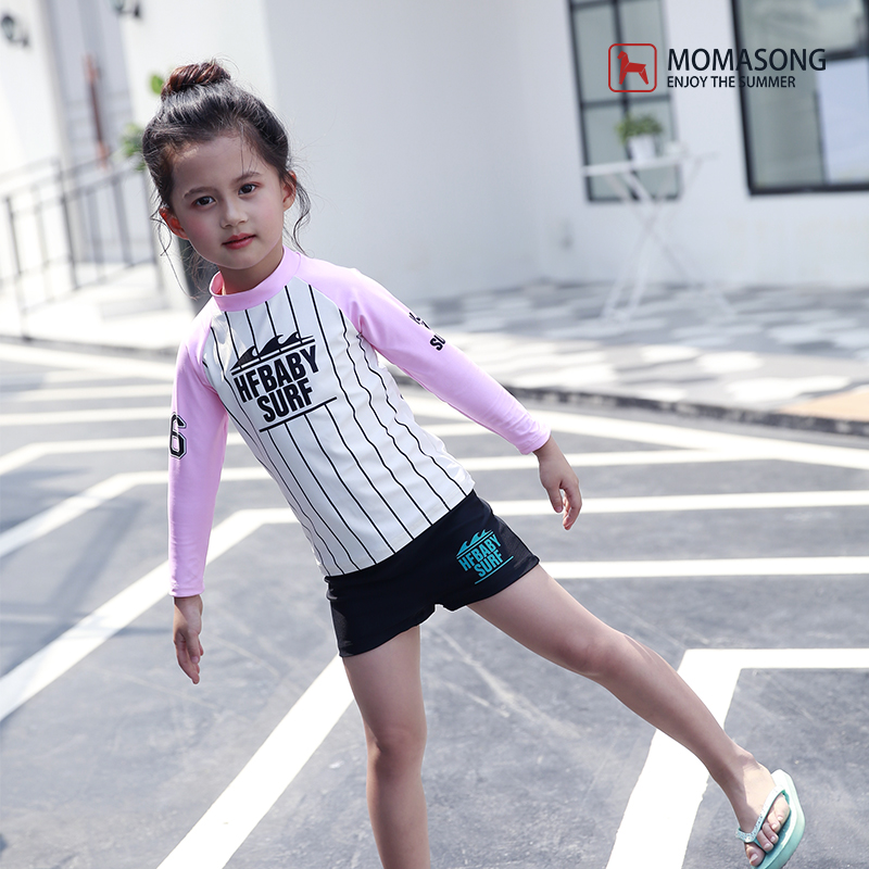 Ins children's swimsuit cute pink line long-sleeved warm quick-drying little princess conservative split boxer swimsuit