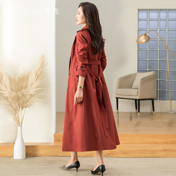 Burgundy double-breasted trench coat women's spring and autumn 2024 spring new mid-length popular over-the-knee coat