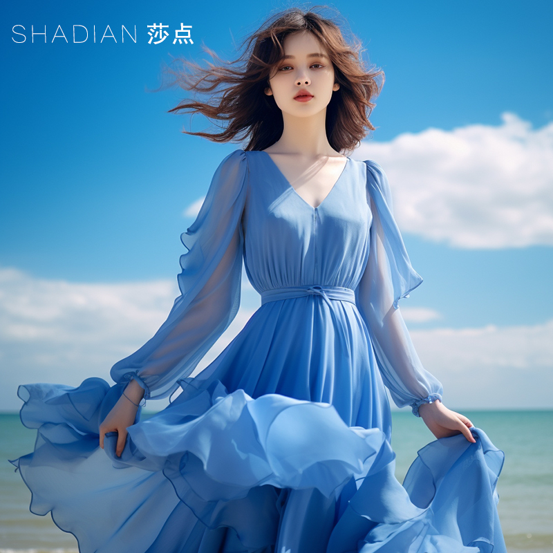 Chiffon Dress for Women, New Summer Style, Ankle-Length, Long-Sleeved, Wide-Swing Beach Dress, Slimming Over-The-Knee Long Dress