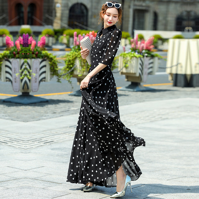 ສີດໍາ polka dot dress chiffon ຍາວ skirt ຍາວ temperament skirt ແມ່ຍິງ summer bohemian ຫາດຊາຍ skirt ຂໍ້ຕີນ