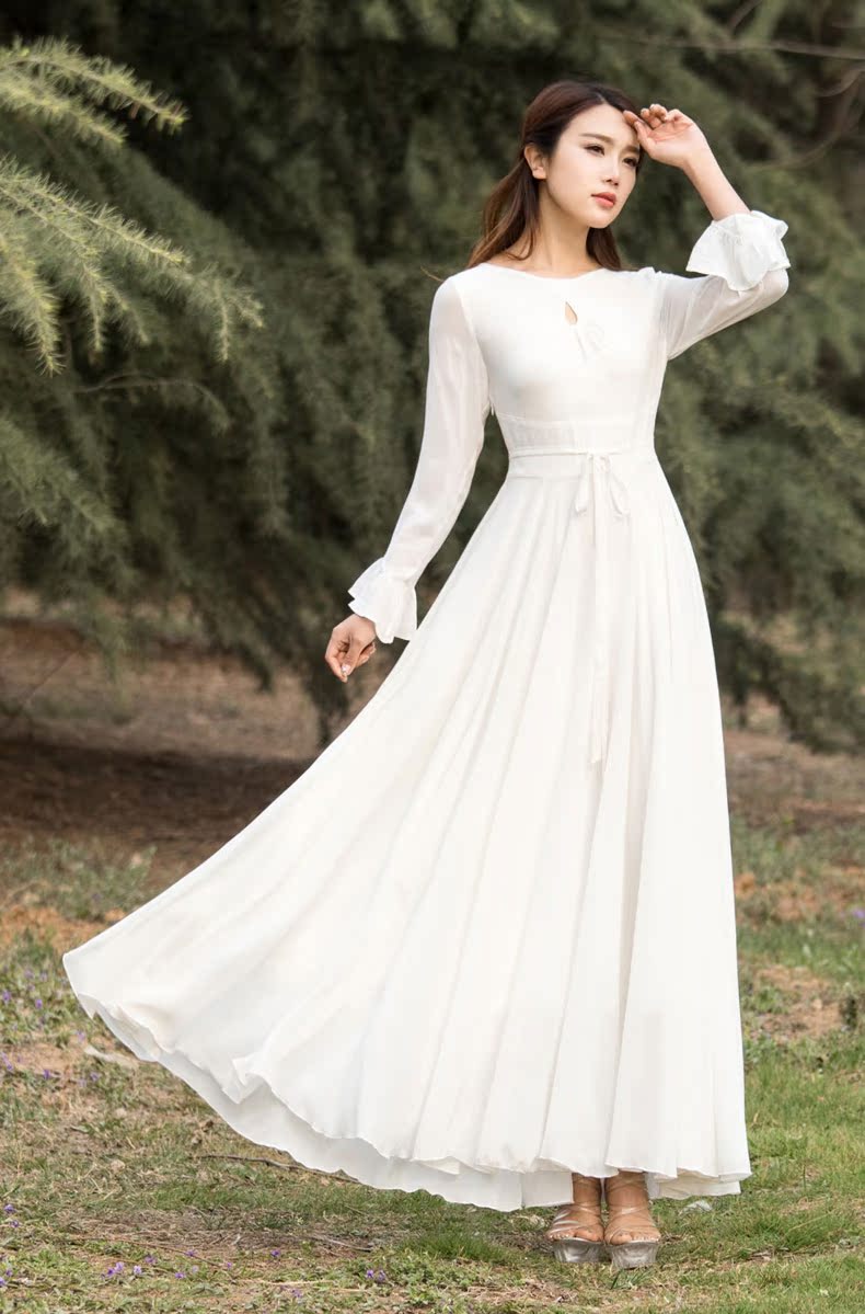 Shake Point Summer New Women Dress Cổ áo một mảnh Lady váy dài tay áo xù voan lớn swing váy - Sản phẩm HOT váy đầm đẹp