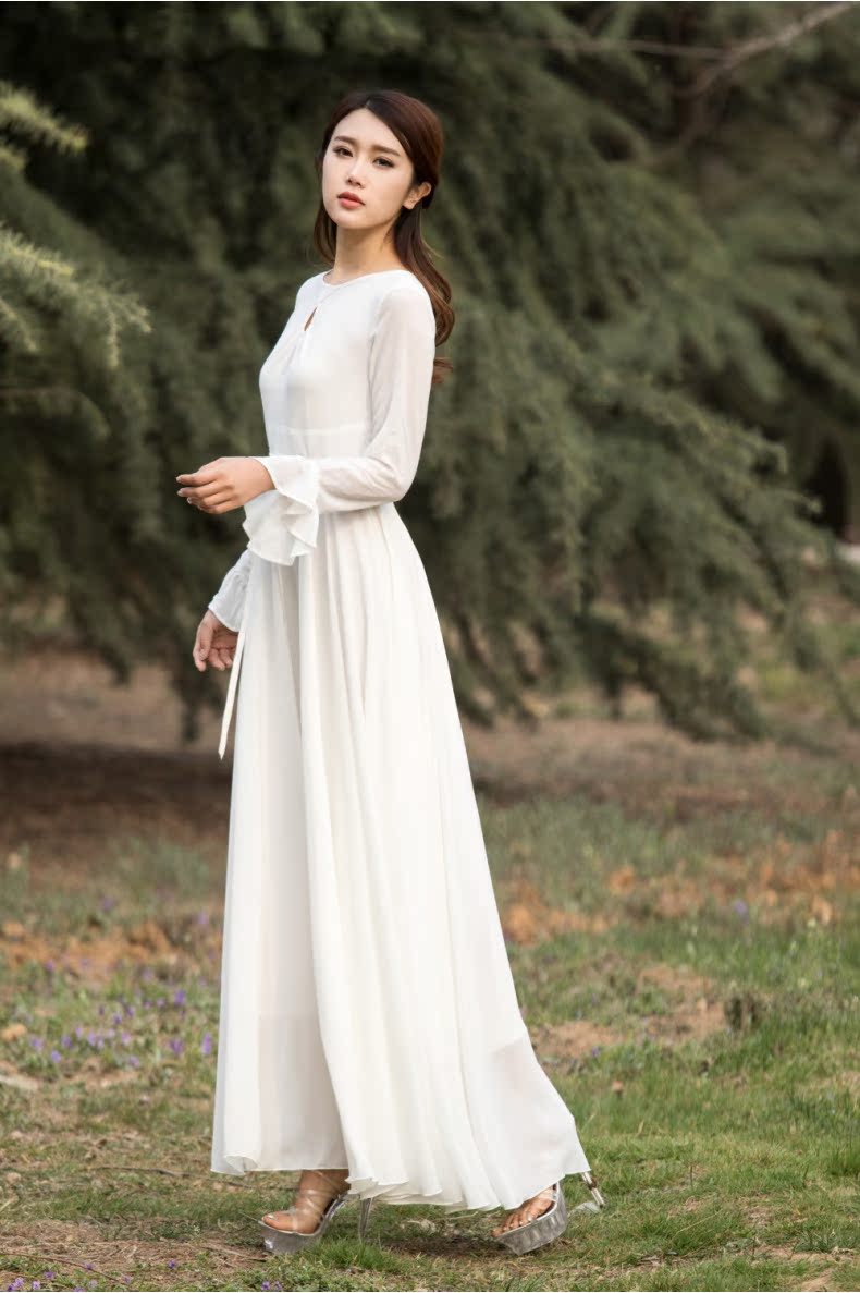 Shake Point Summer New Women Dress Cổ áo một mảnh Lady váy dài tay áo xù voan lớn swing váy - Sản phẩm HOT váy đầm đẹp