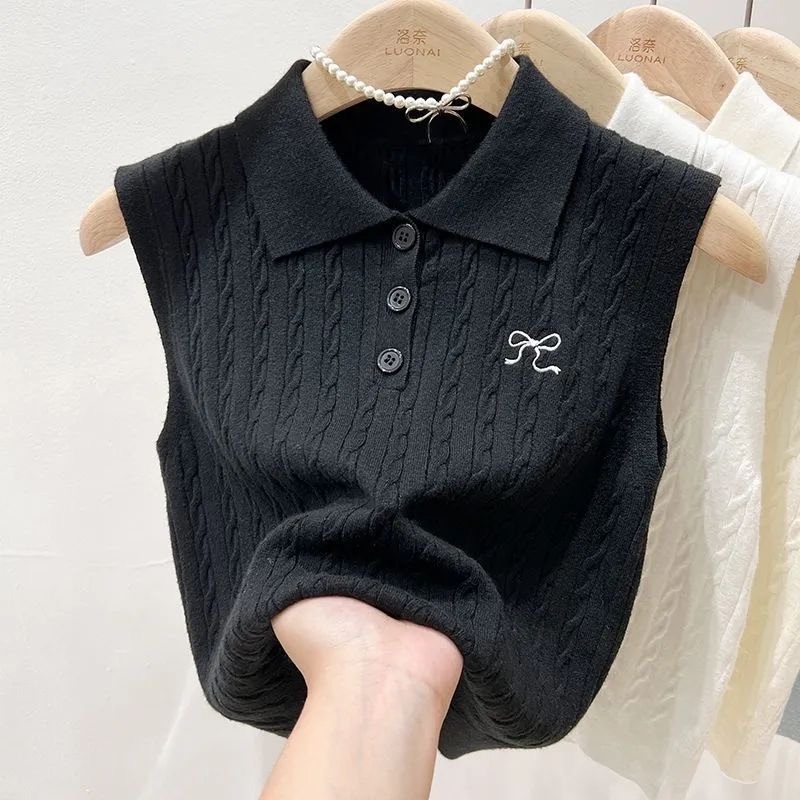 Polo Collar Knitted Vest for Women, Summer Outerwear, Inner Layer Camisole, Sleeveless Vest, Bow Embroidery, Thai-Style Top