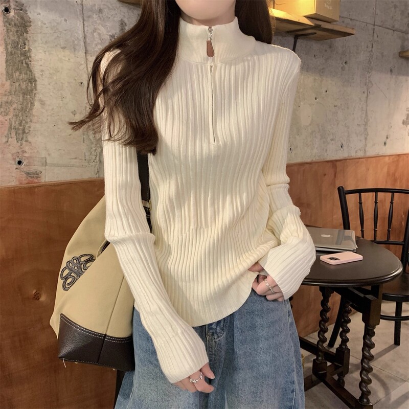 Autumn and Winter Style Zipper Half-High Collar High-End Knit Sweater Long-Sleeve Women's Stylish Design Base Layer Top Autumn and Winter Style Zipper Half-High Collar High-End Knit Sweater Long-Sleeve Women's Stylish Design Base Layer Top
