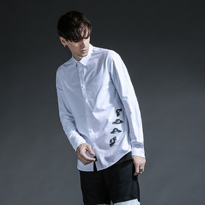 桀度春秋学生休闲印花男士长袖衬衫 牛津纺免烫韩版衬衣男青年潮
