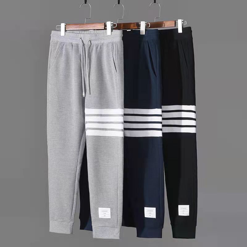 American-Style Waffle High-End Trendy Brand Sweatpants with Four Stripes, Drawstring Jogger Pants, Knitted Versatile Fleece-Lined Casual Pants