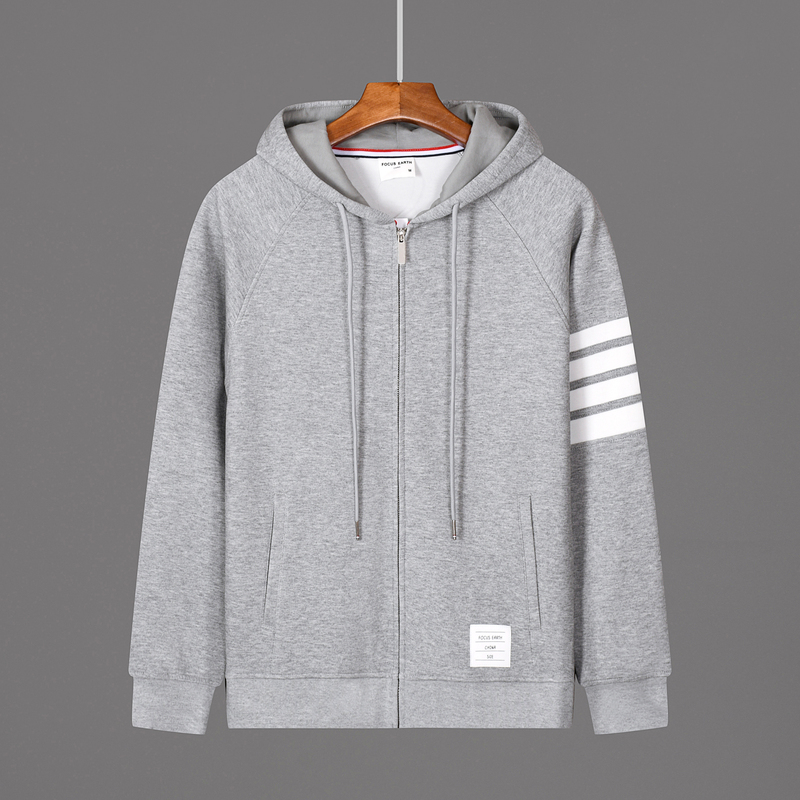 American-Style Trendy Heavy Four-Stripe Patchwork Youthful Sweatshirt for Men, High-End Breathable Zip-Up Hooded Jacket