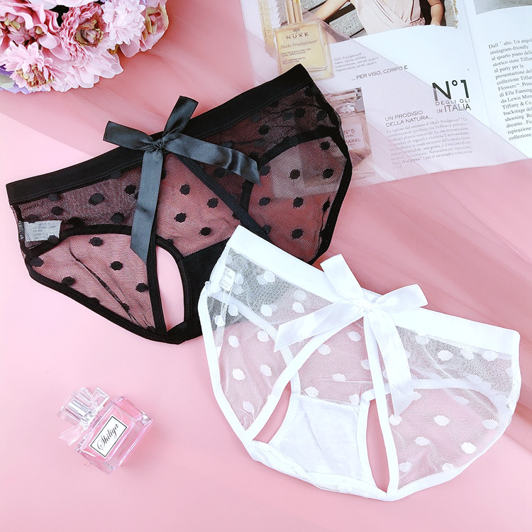 Sexy Opening Knickers Female Lace Spice Free From Temptation Hollowed-out Clairvoyant Mesh Yarn Round Point Cute Bow Tie T Pants
