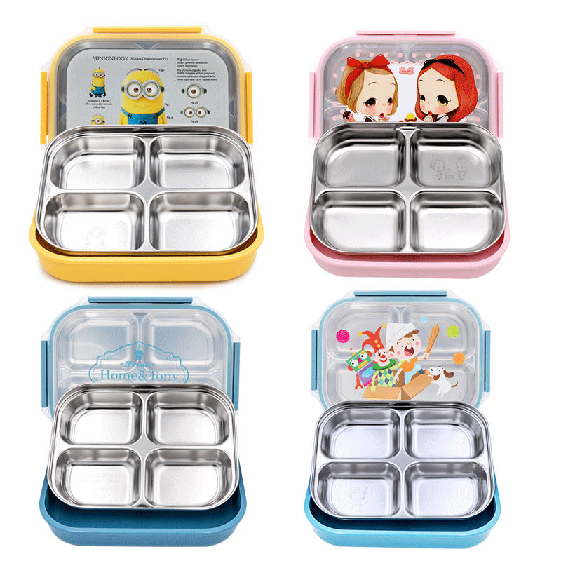 South Korea Imported Elementary School Students Lunch Box Stainless Steel portable adult children's lunches with lid dinner plate yellow people ice and snow