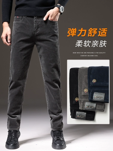 Мужские утепленные вельветовые штаны, эластичные демисезонные повседневные брюки, свободный прямой крой