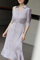 Fan-style light-cooked V collar 19 mmi bounce Joe display slim and lead fish tail genuine silk dress