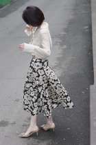 Fan-style retro printed high waist lacing with large swing half body skirt 3 m long swing circumference