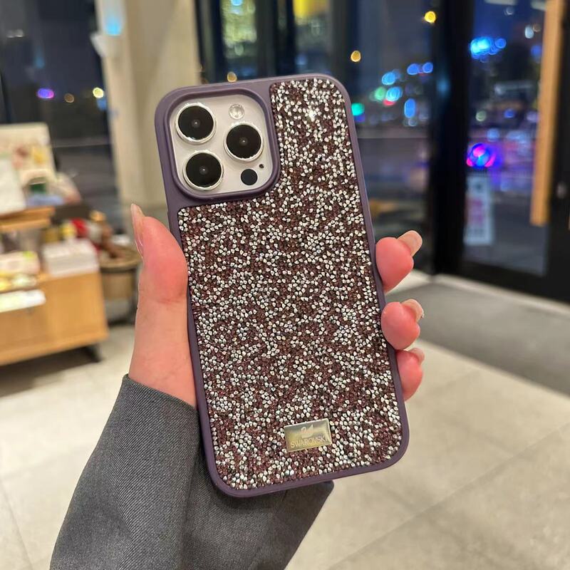 New Apple 16 Pro Max Swarovski Phone Case with Sparkling Diamonds iPhone 15 Luxury Full-Cover Silicone Niche Protective Case Suitable for 14 Pro Light Luxury Full-Diamond Purple Super Shiny Phone Case for Women
