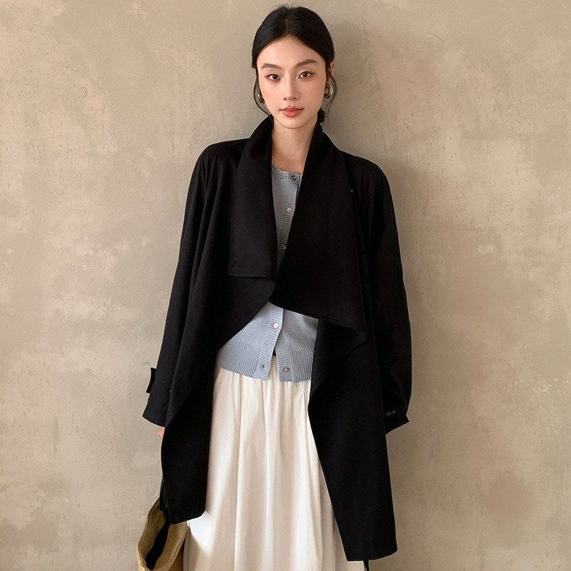 Chenxi Original 2026 Spring New Minimalist Tencel Draped Mid-Length Large Lapel Trench Coat for Women 59138