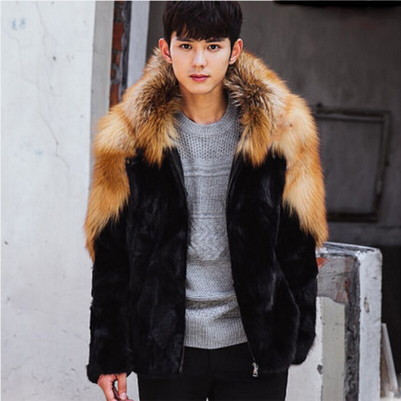 Men's Mink Fur Coat, Mink Fur Hooded Fur Jacket, Warm Casual Jacket with Fox Fur Collar, Men's Casual Wear