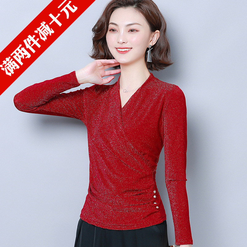 Autumn and winter long sleeves new modern national standard dance practice suit V-neck stretch bright silk ballroom dance square dance foreign style shirt