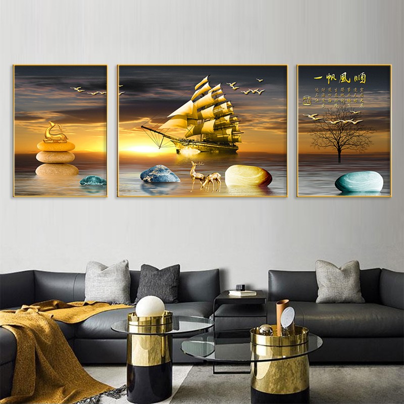 Light luxury living room decorative painting crystal porcelain triptych sofa background wall painting simple modern mural smooth sailing