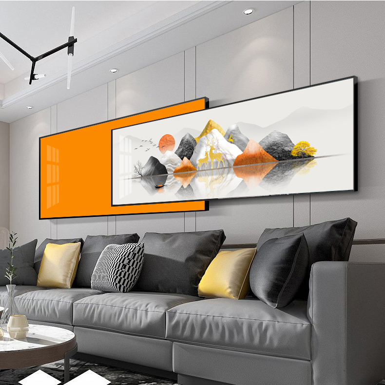 Modern living room decorative mural Orange light luxury crystal porcelain painting Bedroom bed hanging painting Back against Jinshan landscape overlay painting