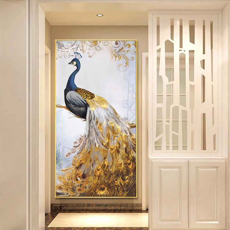 Peacock crystal porcelain decorative painting entrance porch aisle background wall hanging painting vertical version Nordic style light luxury atmosphere framed painting