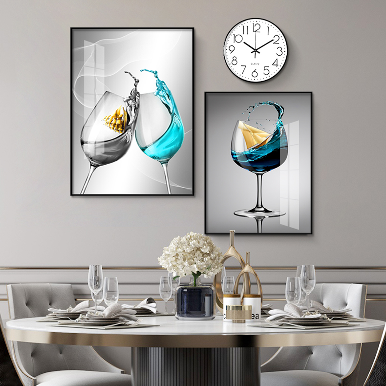 Dining room decoration painting Double wine glass mural watch combination Dining room modern simple hanging painting Living room light luxury crystal porcelain painting