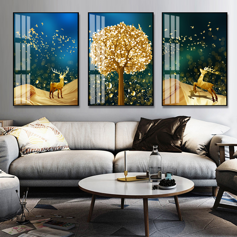 Fortune-making tree crystal porcelain decoration painting Nordic wind elk flying bird with frame drawing living room bedroom art abstract light lavish fresco