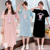 Pregnant women summer short-sleeved T-shirt dress long over-the-knee skirt Summer mesh infrared out loose cotton summer dress