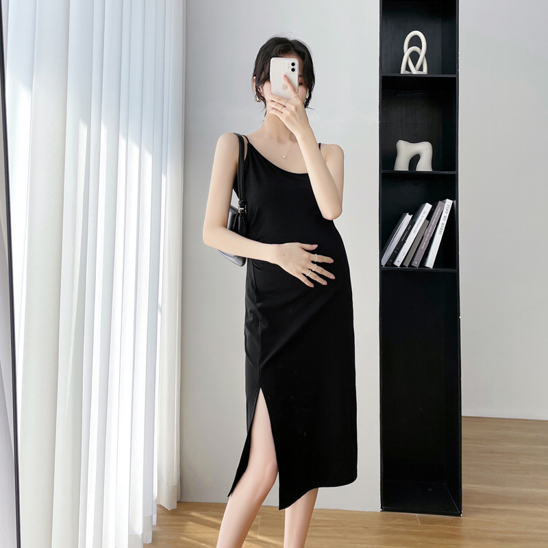 Net red maternity summer slip dress Korean version of the long cotton side split to show thin temperament hip mom maternity dress