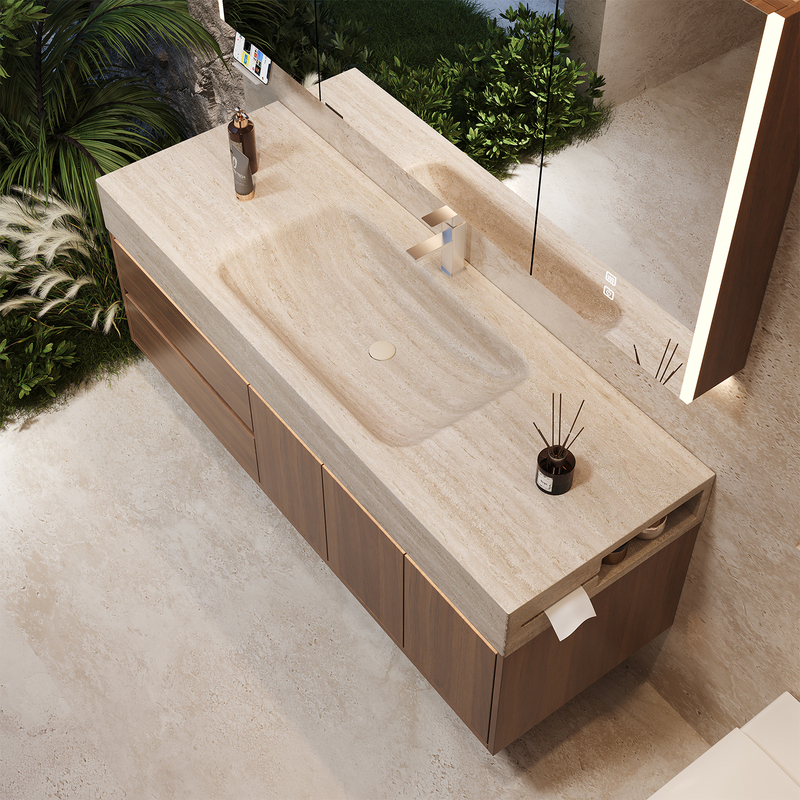 Travertine Stone Integrated Basin with Side Storage Bathroom Cabinet Combination Washbasin Vanity Sink Travertine Stone Integrated Basin with Side Storage Bathroom Cabinet Combination Washbasin Vanity Sink
