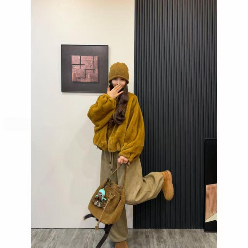 Trendy Round-Neck Batwing Sleeve Drawstring Loose Casual Fur Coat for Women