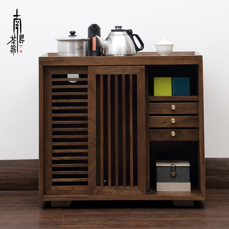 Elm walnut color tea side cabinet mobile solid wood tea cart induction cooker kettle integrated new Chinese style set home