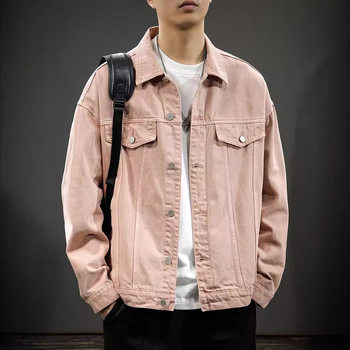 American retro solid color men's denim jacket autumn loose and trendy assute dyed versatile casual cotton jacket