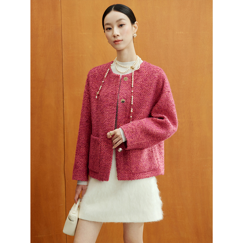 Jiaqi Ruixi [Sunset Neon] Wool Herringbone Tweed Loose Round Neck Casual Chic Short Jacket