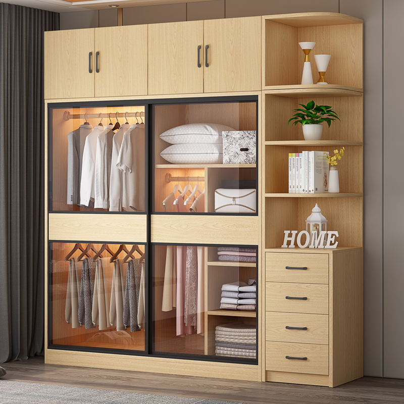 Wardrobe sliding door simple modern glass door small apartment light luxury household sliding door bedroom coat whole cabinet Cabinet