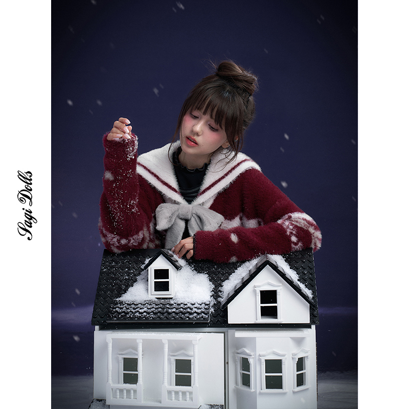 Sagidolls Girl Power # 2026 Christmas # Red and White Sailor Collar Faux Mink Fair Isle Sweater Coat Winter