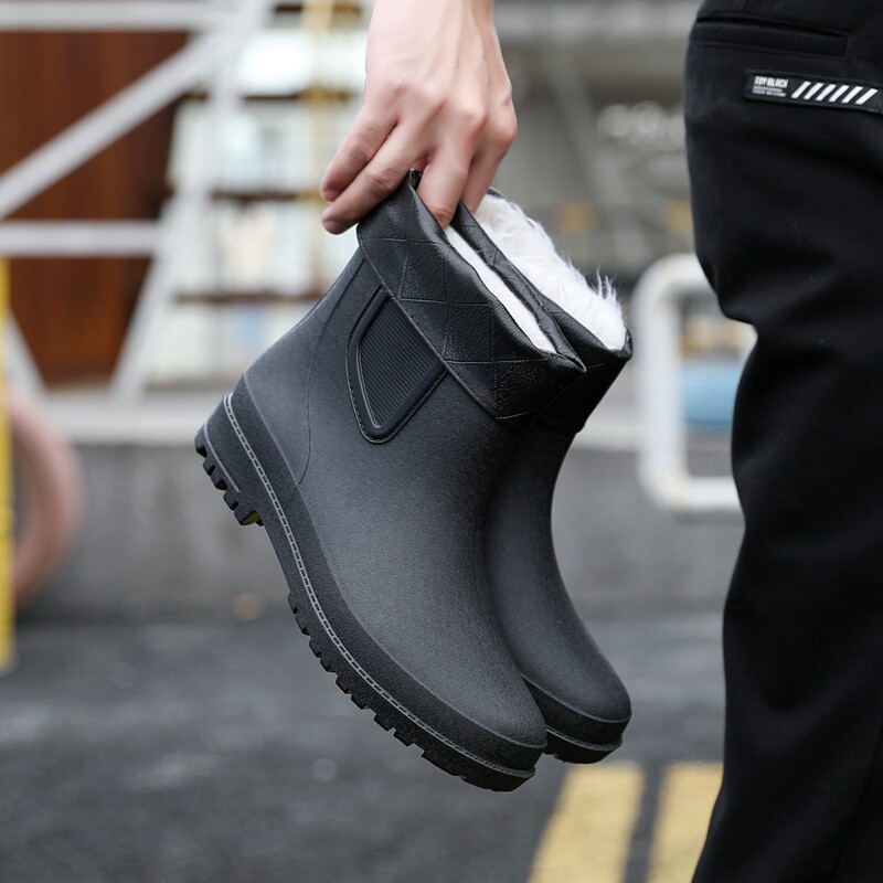 Winter fleece detachable warm rain boots fashion short barrel rain boots men's outdoor work fishing waterproof non-slip water shoes
