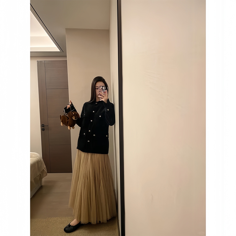 Tweed Style Velvet Jacket and Pleated Gauze Skirt Slimming Look Complete Set Ootd2026 Super Popular Outfit Two-Piece Suit for Women