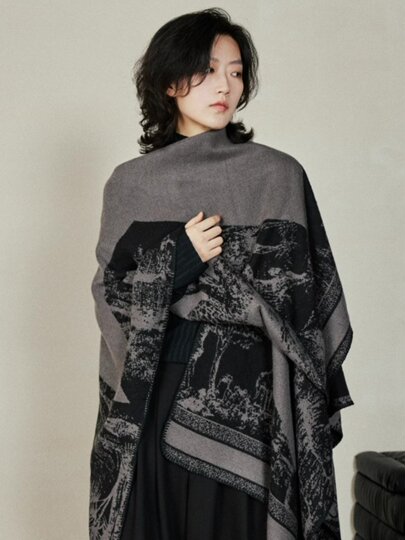 Jiaolingzi Fashionable Niche Design Split Cape Large Shawl Autumn and Winter Warm Double-Sided Knitted Cape for Outerwear in Winter