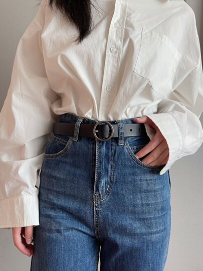 Women's Wide Leather Belt, Genuine Black Leather, Simple and Versatile, Korean Style, Casual Round Buckle, Pin Buckle, Women's Belt, Decorative Trouser Belt