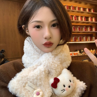 Cute Cat Plush Scarf for Women, Winter Warm Neck Protection, Cross Neck Scarf, Short Scarf for Students