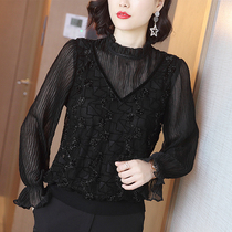 Lace base shirt Womens 2020 Winter New Tide European Station Long Sleeve Plus Velvet Top Shine Fashion Gunty Shirt