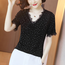 European T-shirt womens 2021 summer new waist knit lace rhinestone V-neck short sleeve jacket fashion small shirt tide