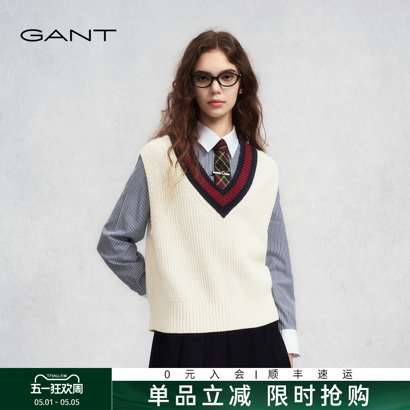 Gant/Gant Autumn and Winter New Women's Wool Casual Knitted Vest with Contrasting Color V-Neck College Style Sweater Vest
