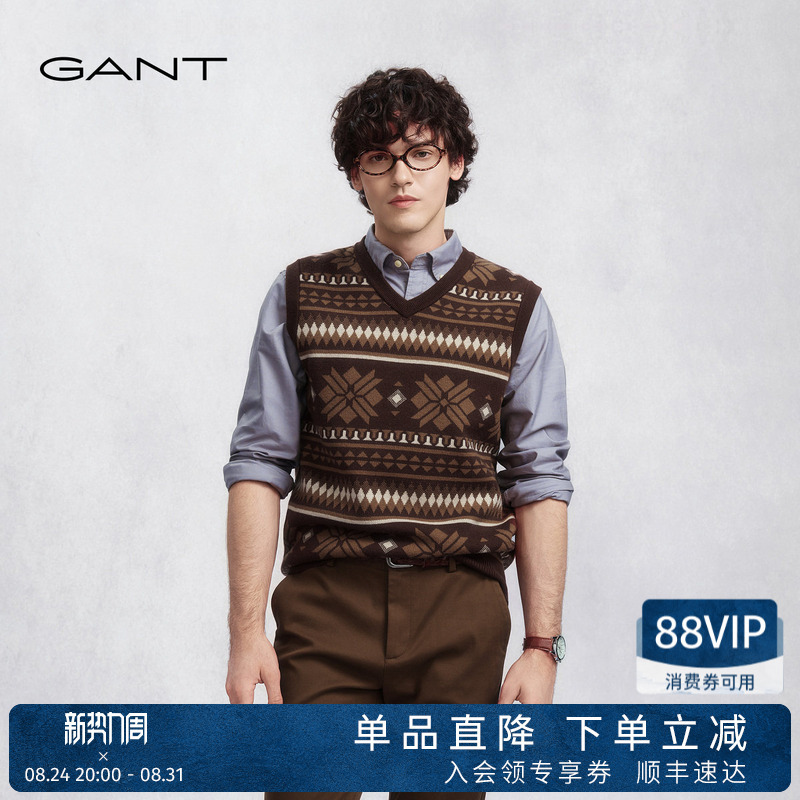 Gant/Gant Autumn and Winter New Men's Fair Isle V-Neck Pure Wool Sweater Knitted Vest Retro Casual Vest Gant/Gant Autumn and Winter New Men's Fair Isle V-Neck Pure Wool Sweater Knitted Vest Retro Casual Vest
