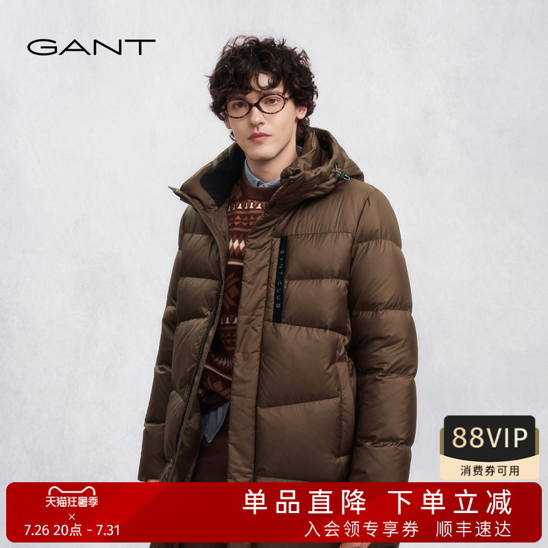 Gant/Gant Winter Men's Jacket Pure Color Simple Drawstring Hooded Casual Mid-Length White Duck down Jacket