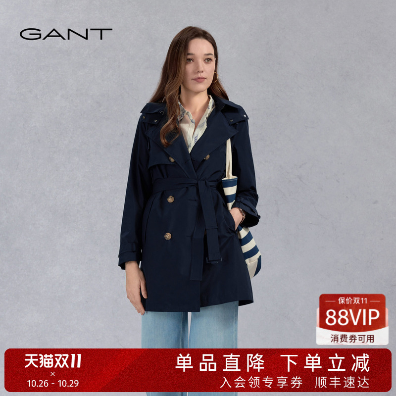 Gant/Gant's New Women's Retro Double-Breasted Lace-Up Mid-Length Windbreaker with Detachable Hood and Elegant Style