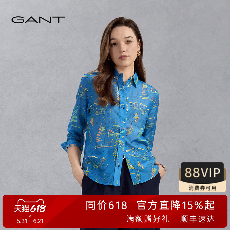 Gant/Gant Women's Cotton-Silk Blend Lightweight Shirt, Holiday Style French Retro Print Elegant Long-Sleeved Shirt