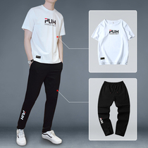 Summer short-sleeved mens fashion brand trend mens t-shirt ice screen red casual suit Mens set with handsome trend