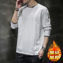 Long sleeve T-shirt mens warm autumn clothes loose fashion sweater autumn clothes cotton autumn winter plus velvet base shirt